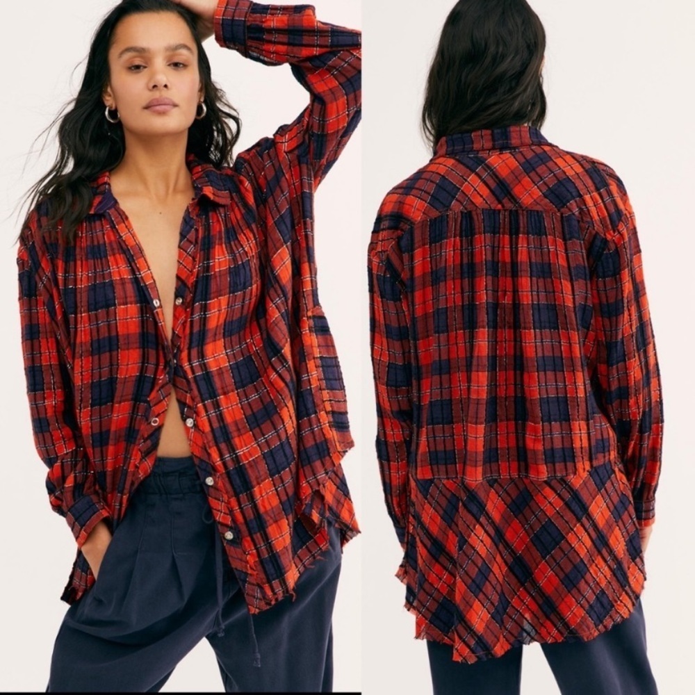 NEW Free People Orange Lela Plaid Oversized Metallic Tunic Top XS - Picture 2 of 12